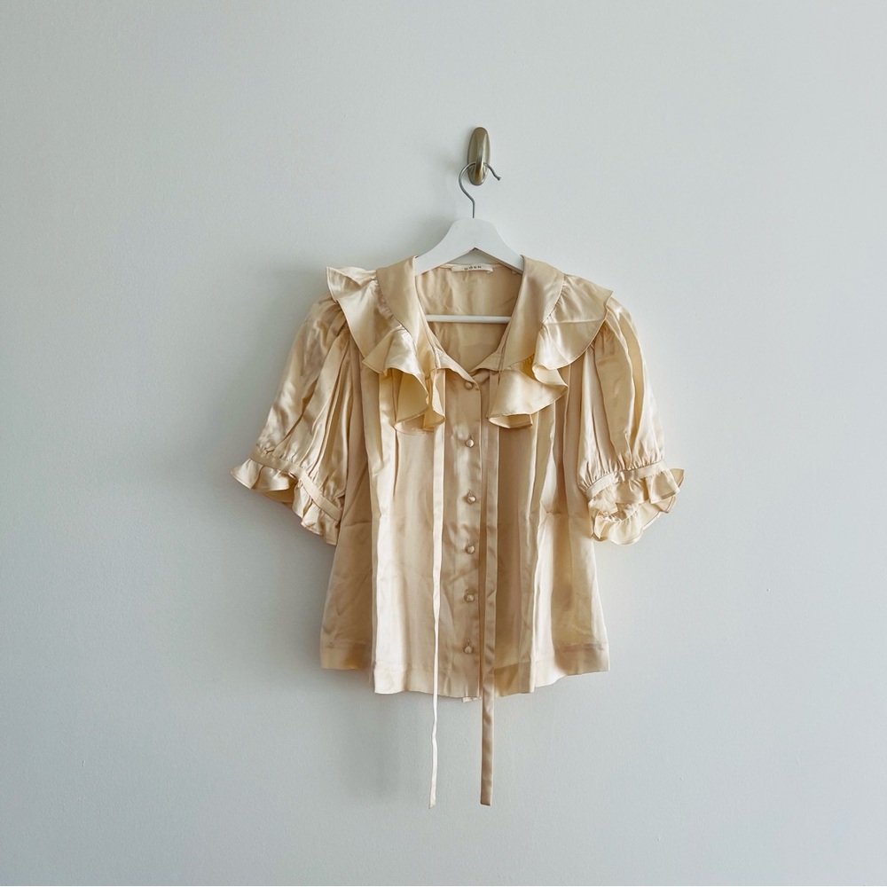 Doen Kelela Silk Charmeuse Blouse Cream Ruffle Puff Sleeve Romantic Size S - Picture 3 of 10